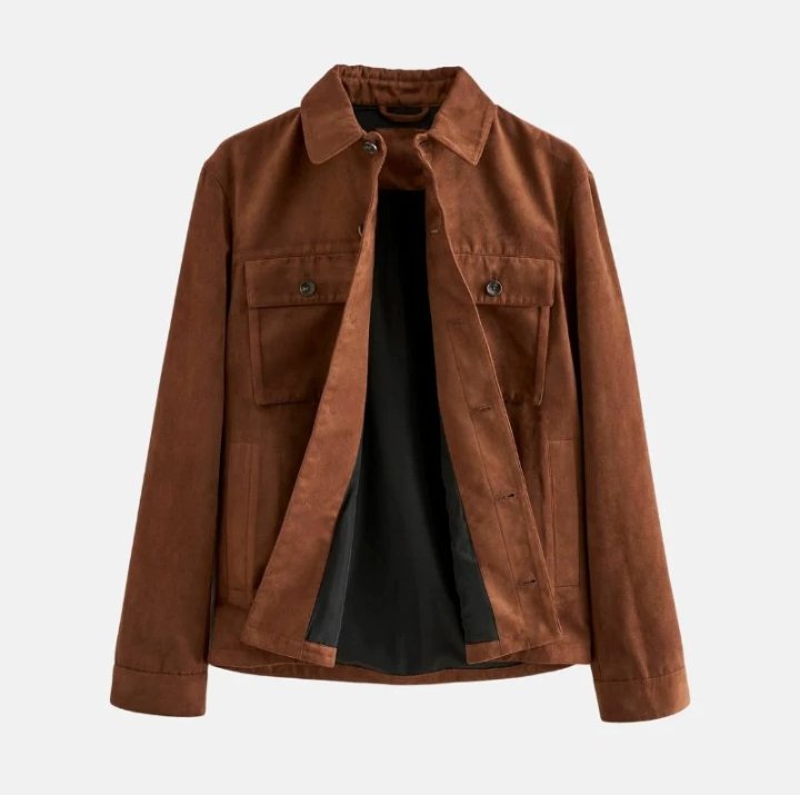 men's shirt style camel brown suede leather trucker jacket