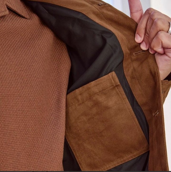 men's shirt style camel brown suede leather trucker jacket