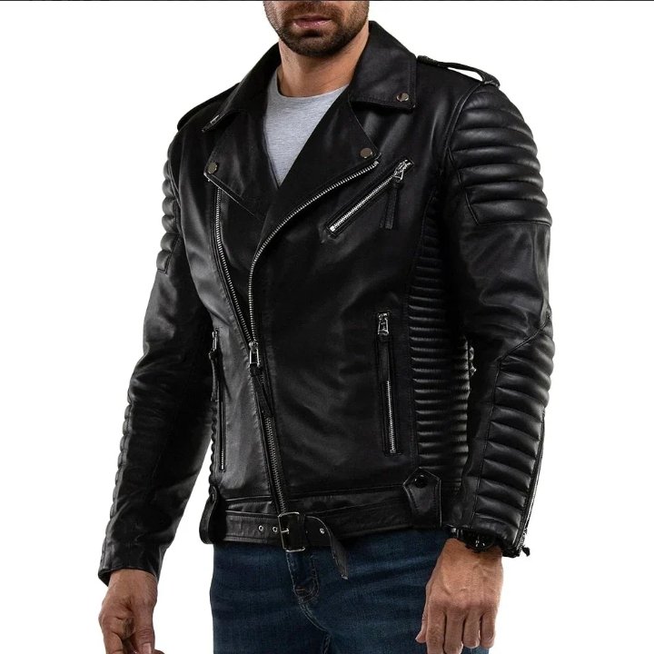 men's quilted real motorcycle leather jacket black