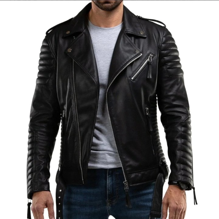 men's quilted real motorcycle leather jacket black