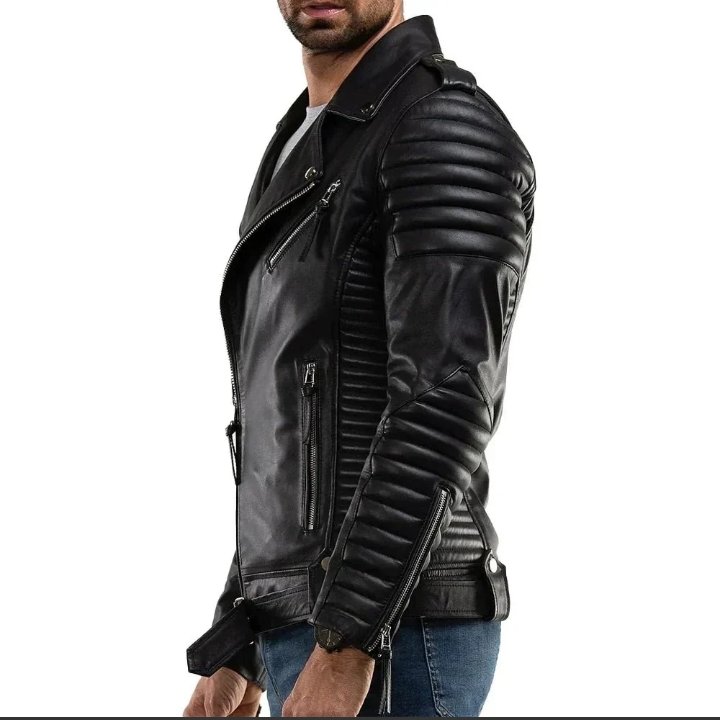 men's quilted real motorcycle leather jacket black