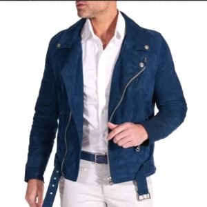 men's biker blue suede leather jacket