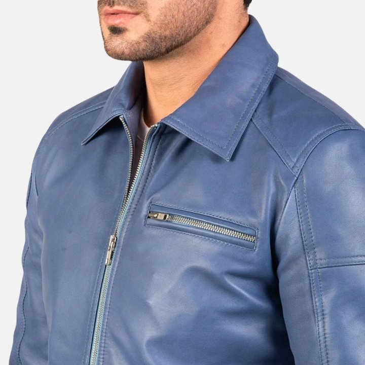 shirt collar blue leather jacket mens