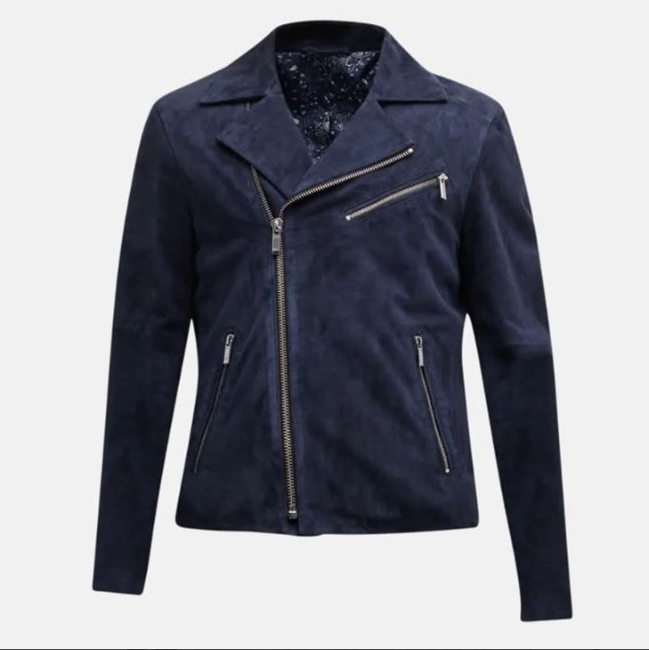 men's dark blue suede asymmetrical moto jacket