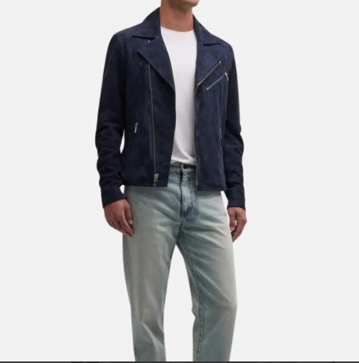 men's dark blue suede asymmetrical moto jacket