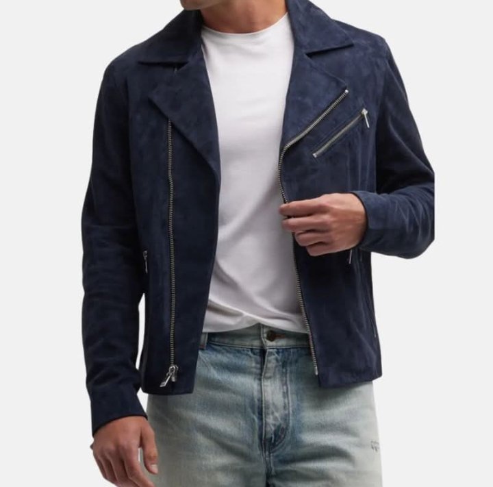 men's dark blue suede asymmetrical moto jacket