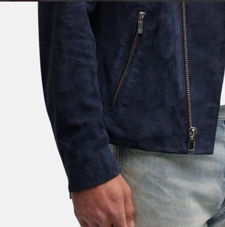 men's dark blue suede asymmetrical moto jacket