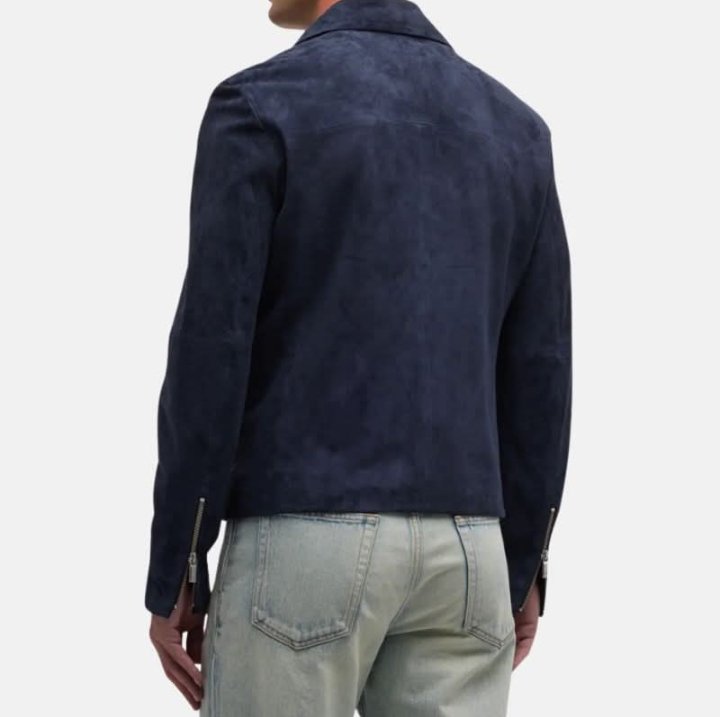 men's dark blue suede asymmetrical moto jacket