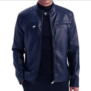 mens genuine lambskin blue café racer leather jacket