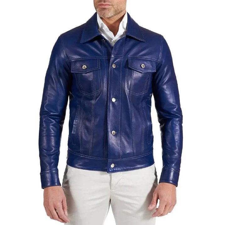 real lambskin shirt collar blue leather jacket mens