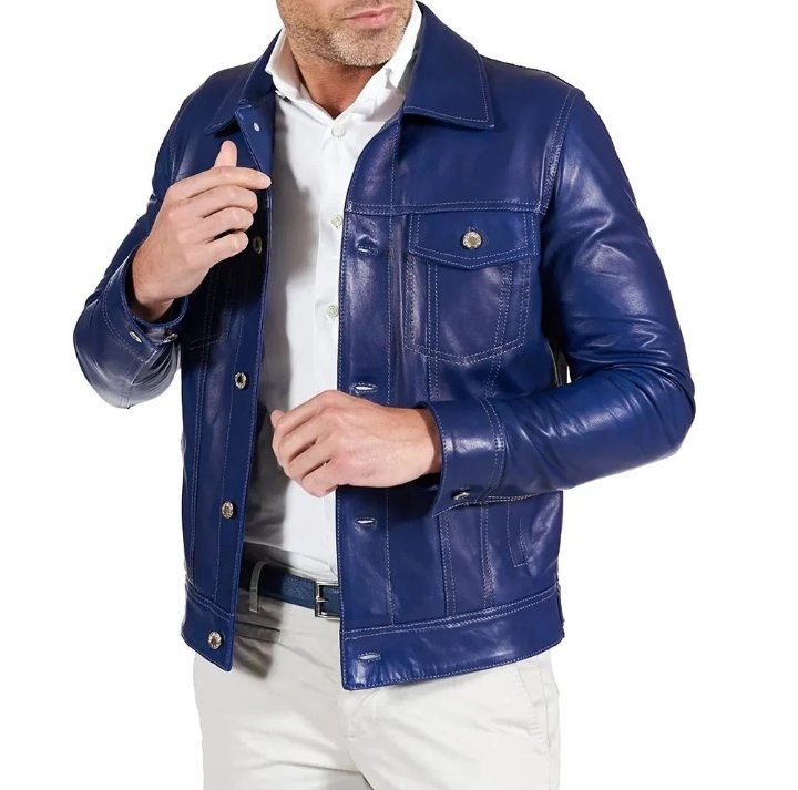 real lambskin shirt collar blue leather jacket mens
