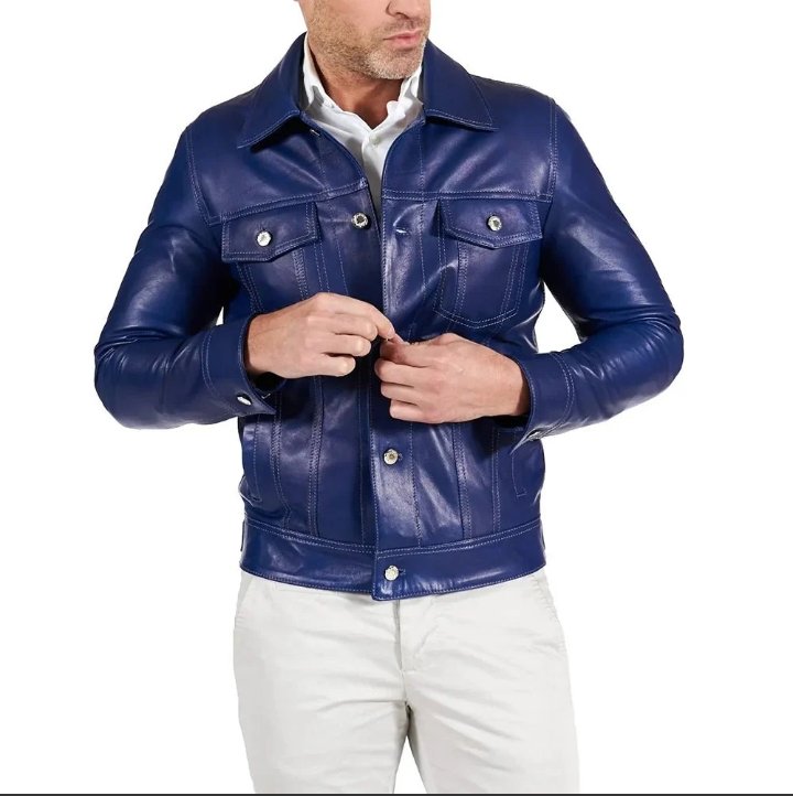 real lambskin shirt collar blue leather jacket mens