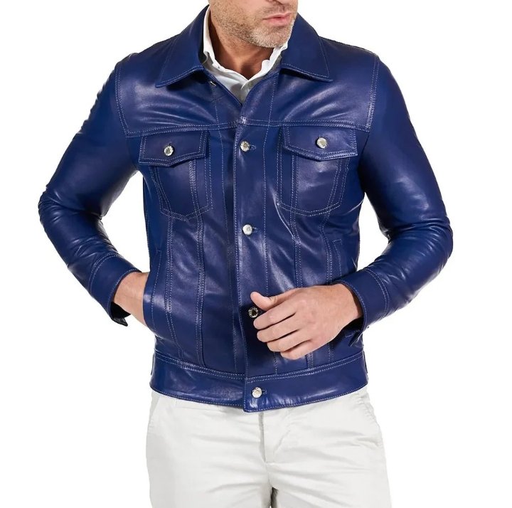 real lambskin shirt collar blue leather jacket mens