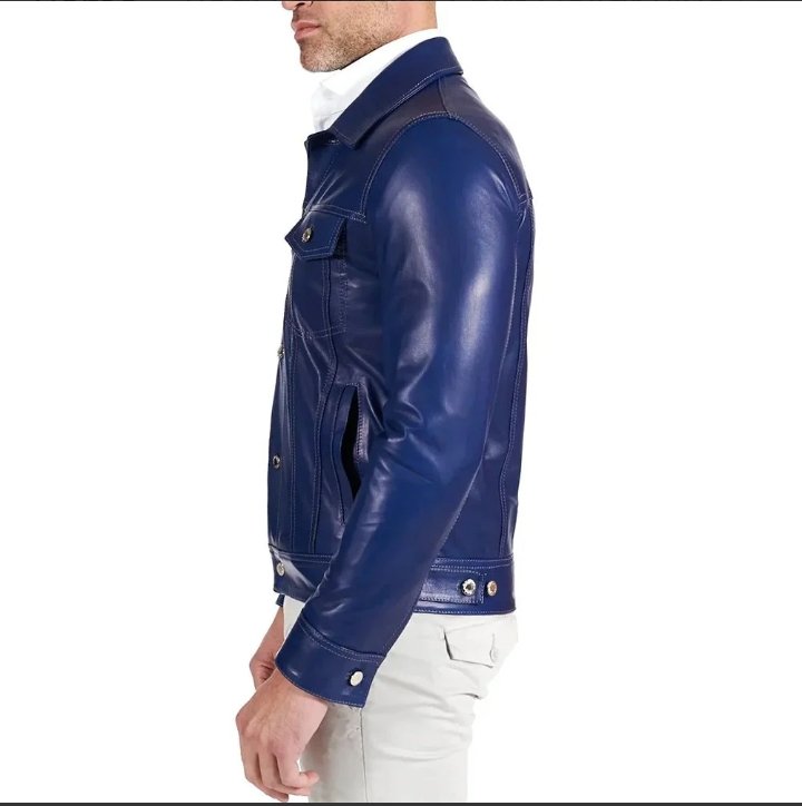 real lambskin shirt collar blue leather jacket mens