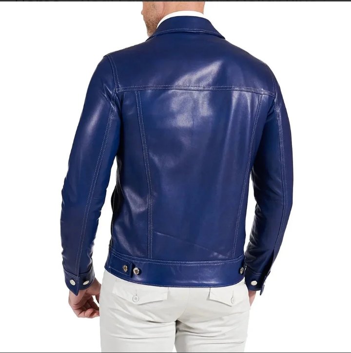 real lambskin shirt collar blue leather jacket mens
