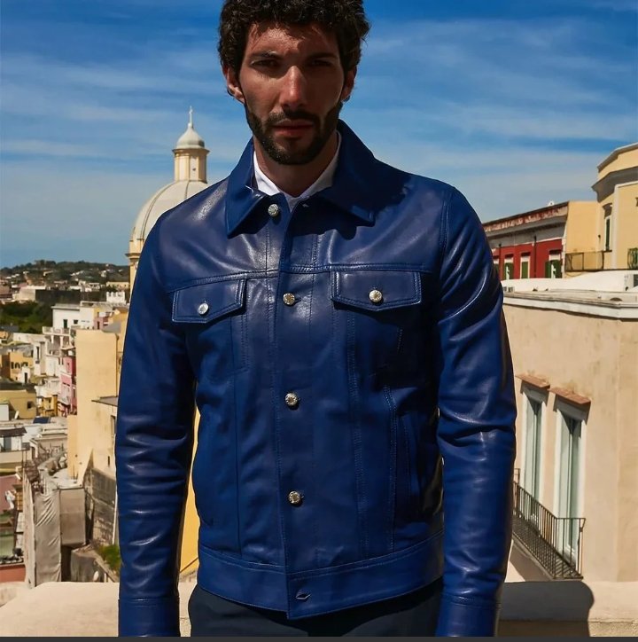 real lambskin shirt collar blue leather jacket mens
