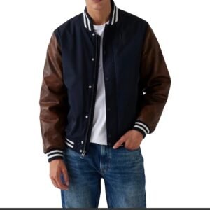 mens wool navy blue varsity jacket with leather sleeves