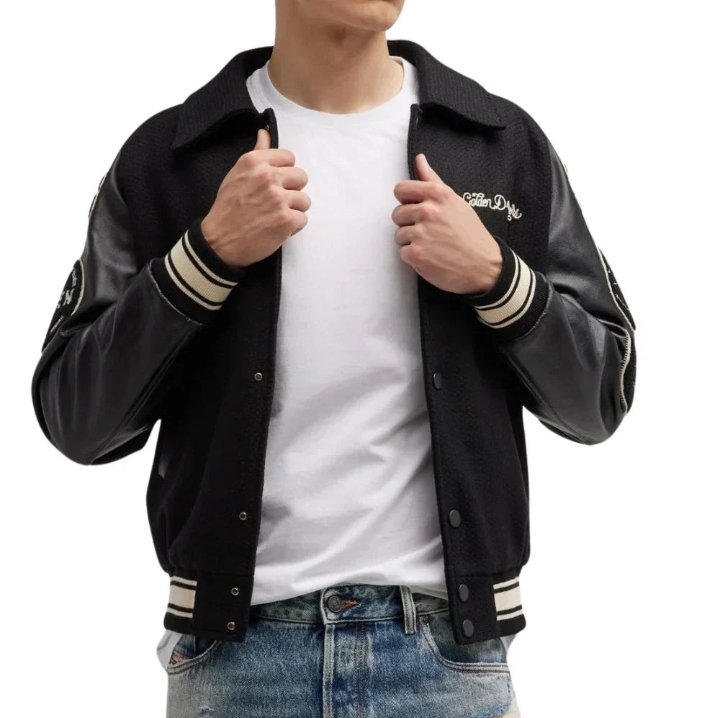 mens black wool college bomber jacket with leather sleeves