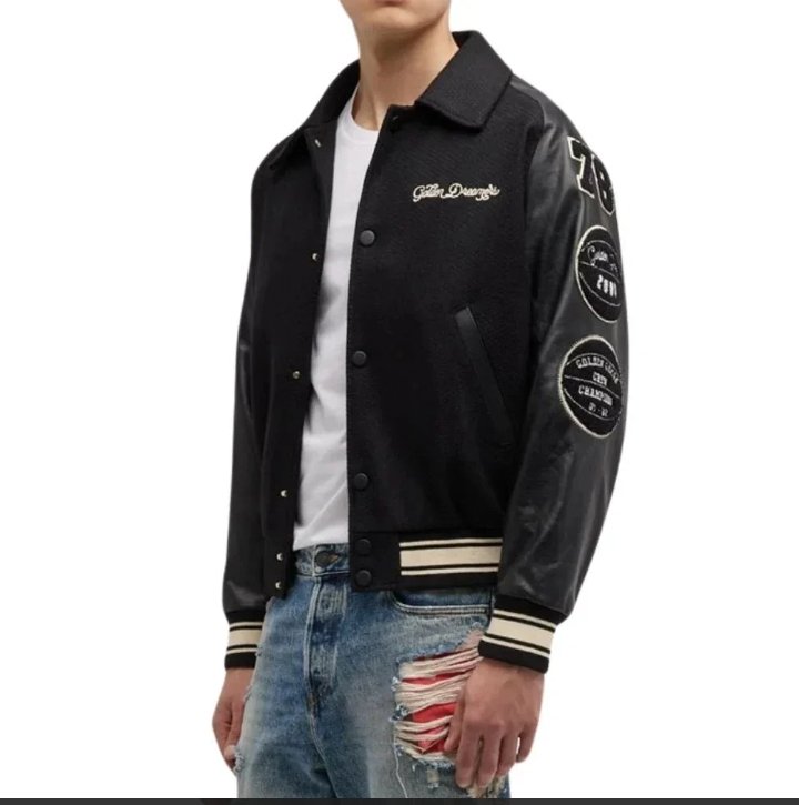 mens black wool college bomber jacket with leather sleeves