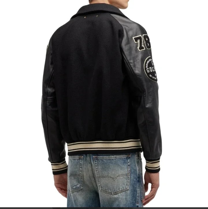 mens black wool college bomber jacket with leather sleeves