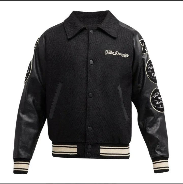 mens black wool college bomber jacket with leather sleeves