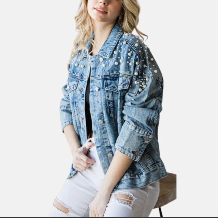women's denim blue perl cotton jean jacket