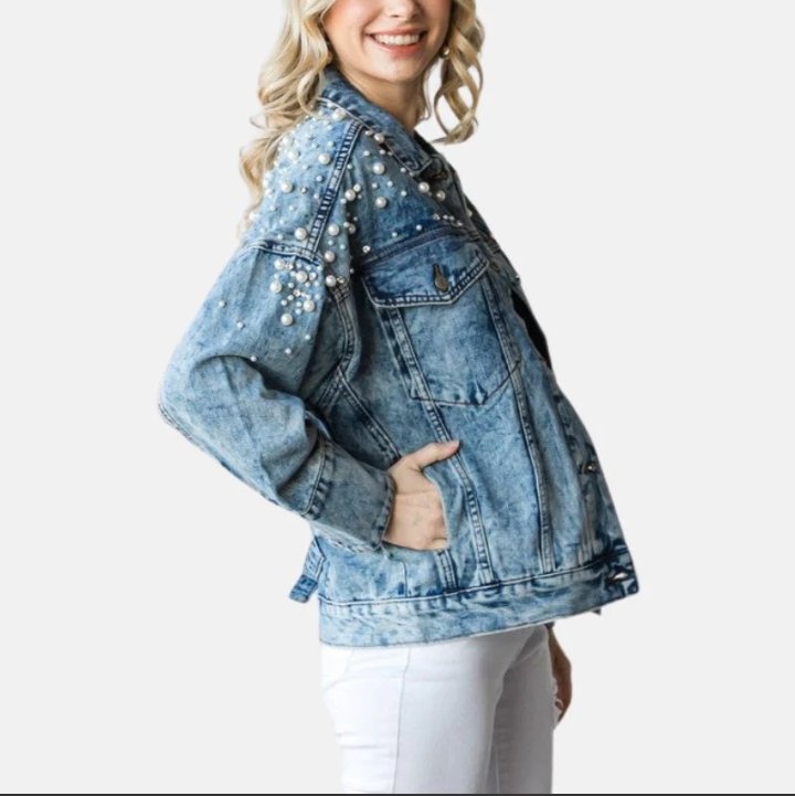 women's denim blue perl cotton jean jacket