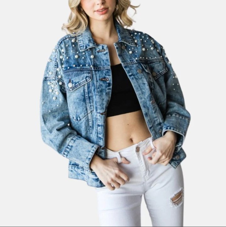 women's denim blue perl cotton jean jacket
