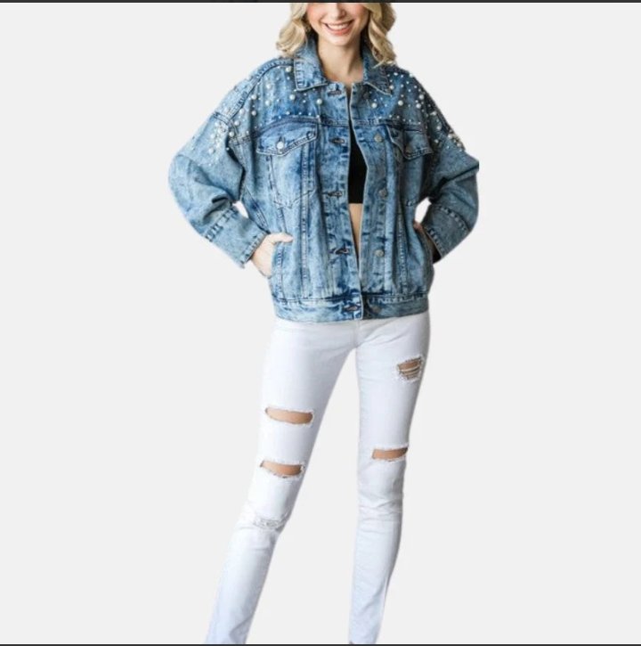 women's denim blue perl cotton jean jacket