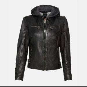 womens black cafe racer jacket with removable hood