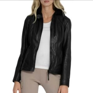 women's black hooded leather moto jacket