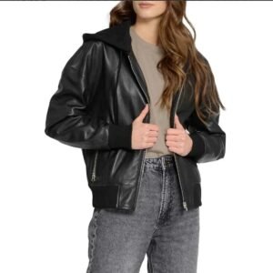 women's black hooded leather bomber jacket with removable hood