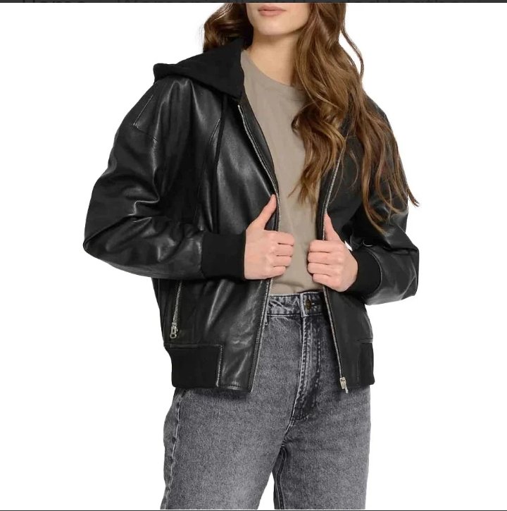 women's black hooded leather bomber jacket with removable hood