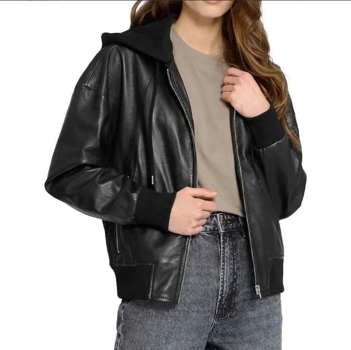 women's black hooded leather bomber jacket with removable hood