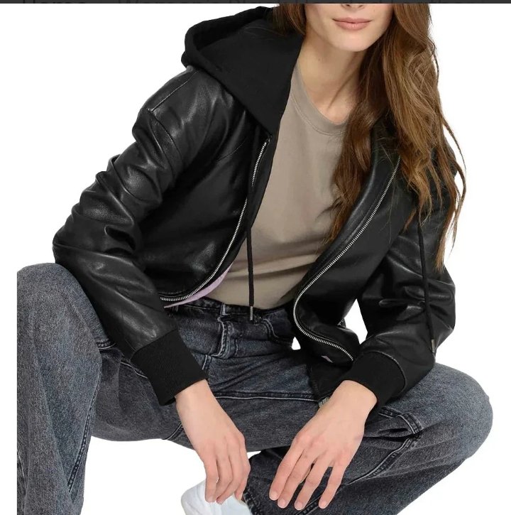 women's black hooded leather bomber jacket with removable hood