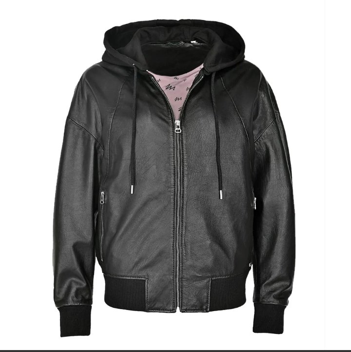 women's black hooded leather bomber jacket with removable hood
