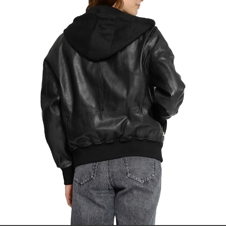 women's black hooded leather bomber jacket with removable hood
