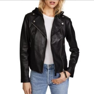 billie black womens real leather biker jacket with hood