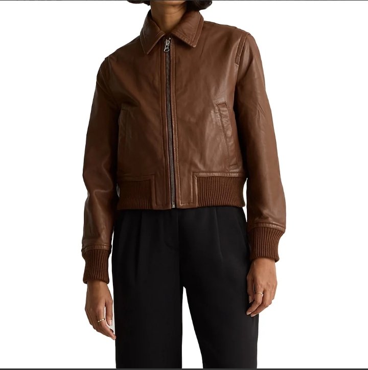 cropped brown bomber leather jacket women's