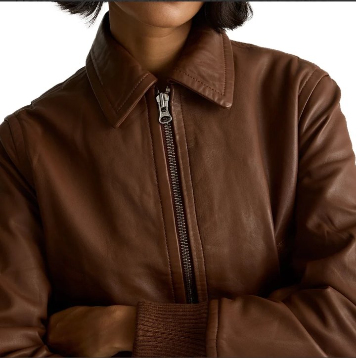 cropped brown bomber leather jacket women's