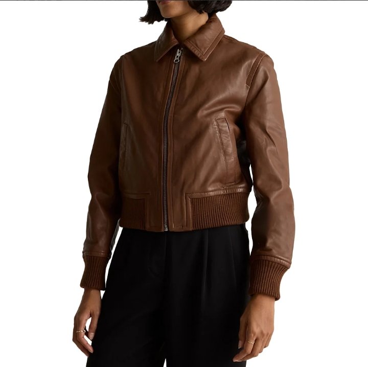 cropped brown bomber leather jacket women's