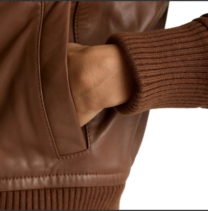 cropped brown bomber leather jacket women's