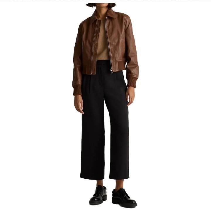 cropped brown bomber leather jacket women's
