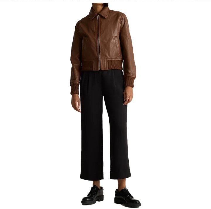 cropped brown bomber leather jacket women's