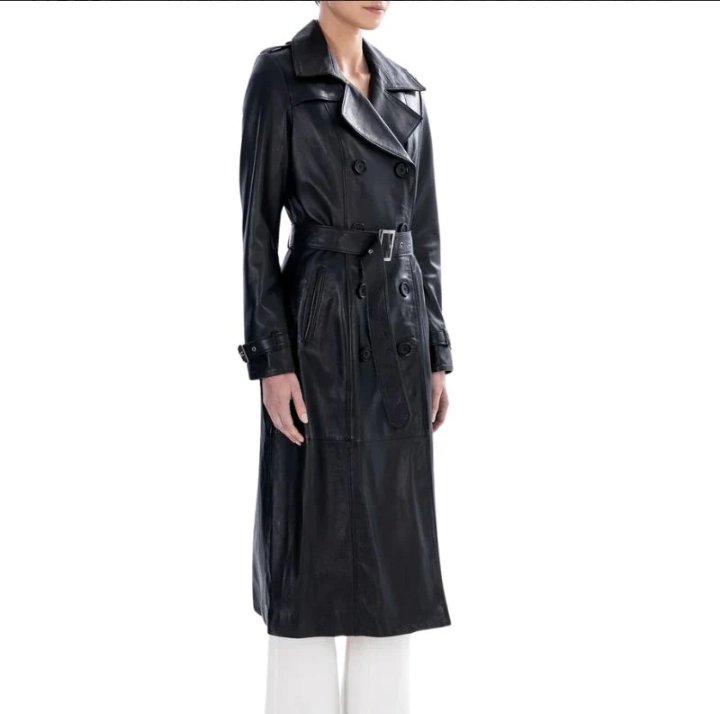 black spring belted leather trench coat for womens