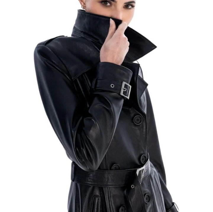 black spring belted leather trench coat for womens