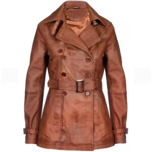women's brown double breasted mid length leather trench coat