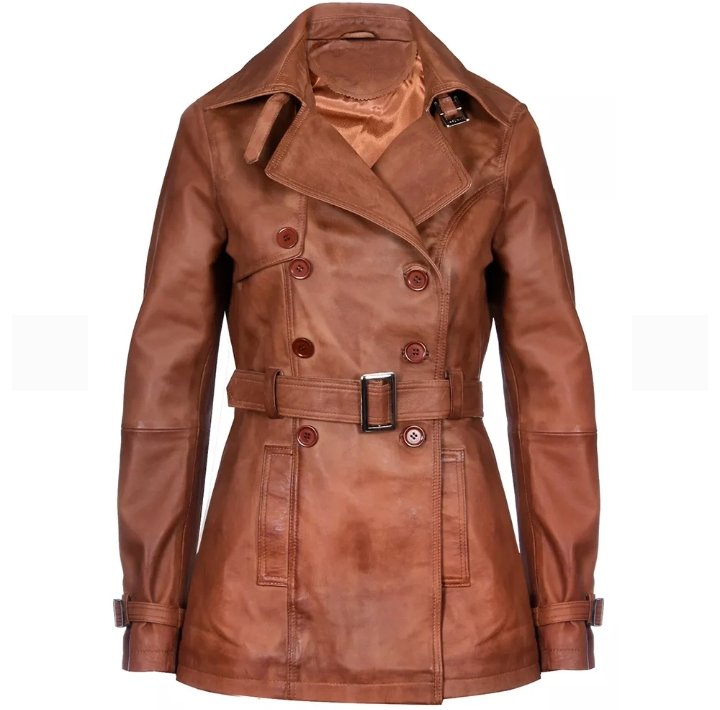 women's brown double breasted mid length leather trench coat
