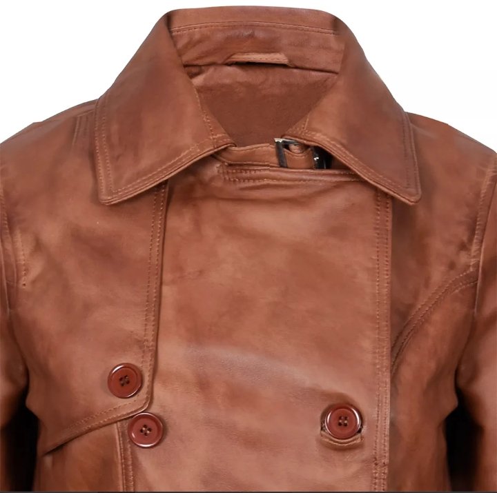 women's brown double breasted mid length leather trench coat