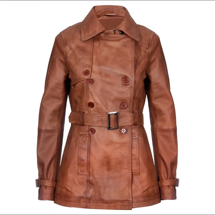 women's brown double breasted mid length leather trench coat